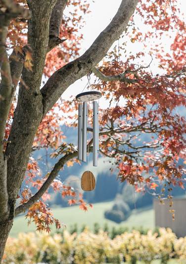 A wind chime hangs in a tree with red leaves.